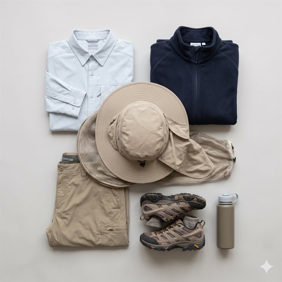 What to pack for Uluru and the Red Centre — fly net, wide-brimmed hat, long sleeves, warm jacket for sunrise