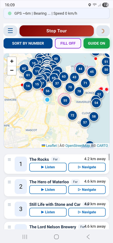 Audio tour app screenshot with landmarks and GPS