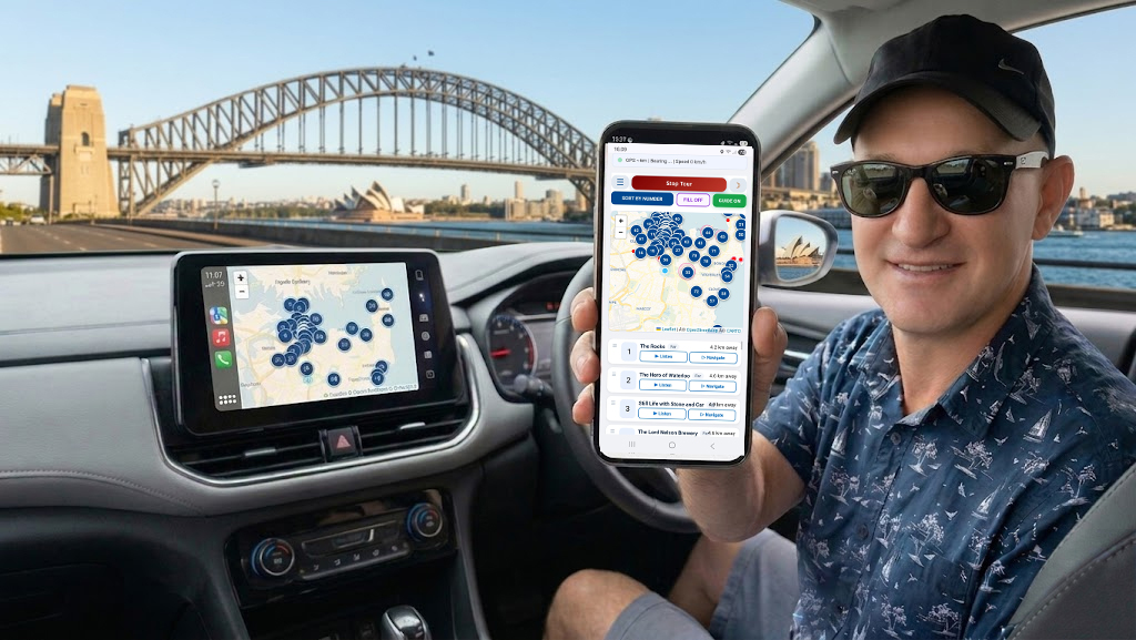 Sydney audio tour in action - driving past Harbour Bridge