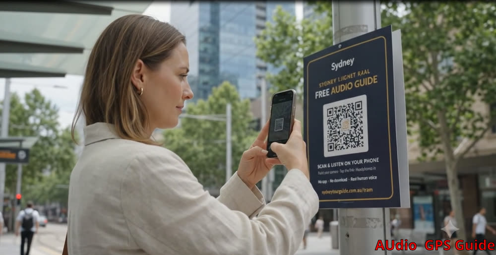 Passenger scanning the QR code poster for the free Sydney Light Rail audio guide at a tram stop
