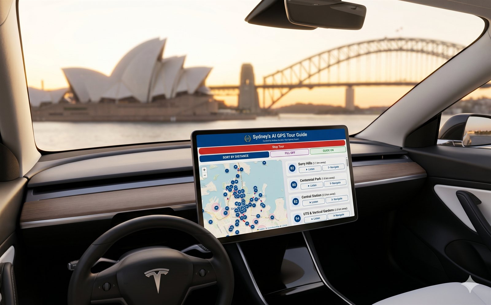 Sydney audio tour running on a phone, audio playing through the car speakers via Bluetooth (Tesla shown parked at Sydney Harbour)