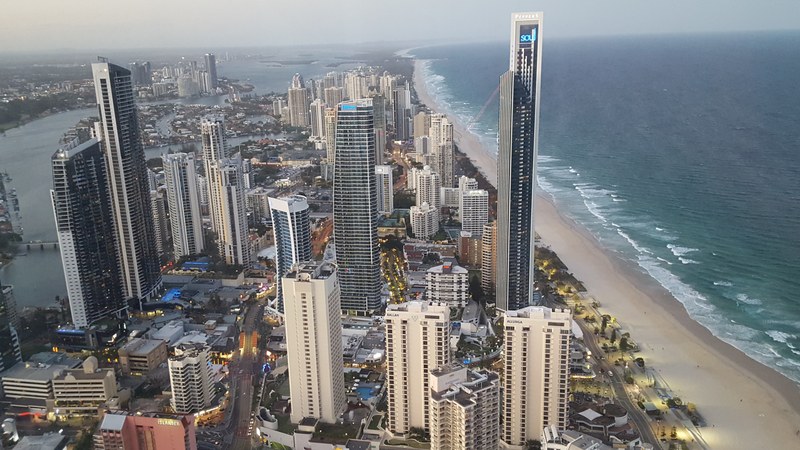 Surfers Paradise high-rise skyline along the Gold Coast beach from the air
