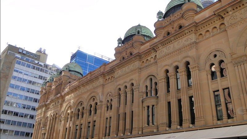 Queen Victoria Building sandstone facade and copper domes in central Sydney