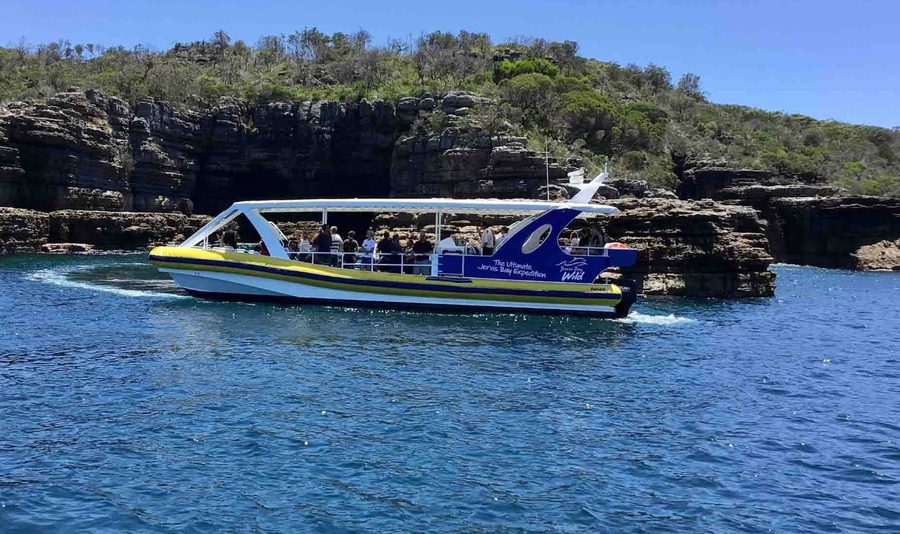 Jervis Bay Wild whale watching expedition boat at the sea cliffs south of Sydney